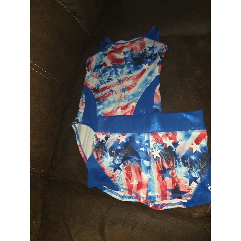 Justice active gymnastics dance leotard 4th of july american flag wirh shorts 10
